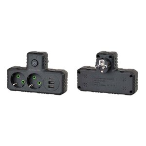 Розетка трійник Т-подібний із заземленням F303-Black, 2 розетки +2USB+1Type-C, 2500W, 10A, 110-250V~Max, Blister