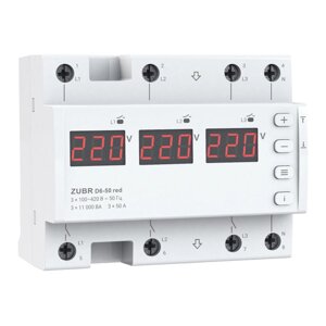 Двохрежимне реле напруги однофазне/трьохфазне D6-50 на DIN-рейку, 3*50А, 3*11000ВА, 120-280В, шестимодульне з