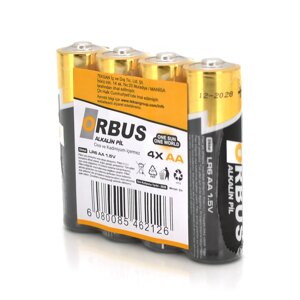 Батарейка лужна Orbus 1.5V AA/LR06, 4 штуки shrink