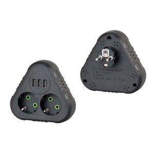 Розетка трійник із заземленням F202-Black, 2 розетки+3USB (1А), 2500W, 10A, 110-250V~Max, Blister