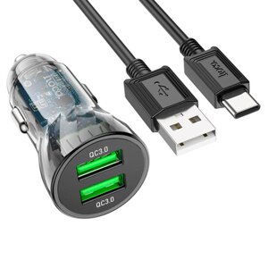 Набір АЗУ 12-24V HOCO Z47+ кабель Type-C, 2xUSB 3.0, 2.4A, кабель 1м, Black, Box