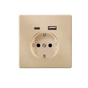 Розетка врізна з заземленням, Input: AC:110-250V/16A, Type-C / USB-виходи, Gold