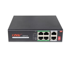 4Х портовий PoE комутатор ONV-H1064PLS, 4хрое 100 Мбіт + 2х100 Мбіт до 250м, IEEE802.3af/at , загальна потужність 65Вт