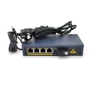 Комутатор POE 48V/57V 4 порту PoE +1 порт Ethernet FX 155 Мбіт/с (UP-Link) A, 802.3af, Black, БП у комплекті,