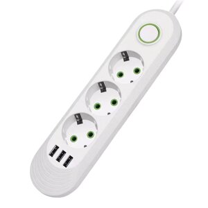 Мережевий фільтр F03U, 3 розетки EU + 3 USB, 1.5 м, перетин 3х0,75мм, 2500W, White, Box