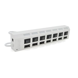 Хаб USB 2.0 7 портів з перемикачами на кожен порт, White, 480Mbts High Speed, харчування від USB, Blister Q100