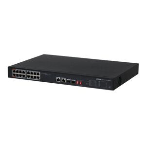 16-Портовий POE комутатор Dahua DH-PFS3218-16ET-135 , 16xPoE (100M) + 2xRJ45(1000M) + 2xSFP (1000M)