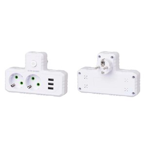 Розетка трійникТ-подібна із заземленням F302-White, 2 розетки+3USB (1А), 2500W, 10A, 110-250V~Max, Blister
