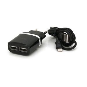 Набір СЗУ 110-240V HOCO C12+ кабель Lighting, 1xUSB, 2.4A, кабель 1м, Black, Blister