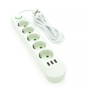 Мережевий фільтр F05U, 5 розеток EU + 3 USB, 1.5 м, перетин 3х0,75мм, 2500W, White, Box