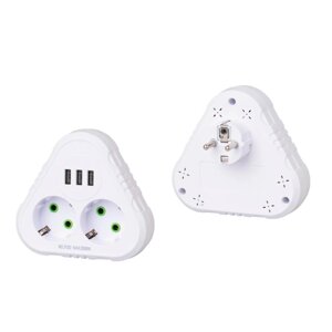 Розетка трійник із заземленням F202-White, 2 розетки+3USB (1А), 2500W, 10A, 110-250V~Max, Blister