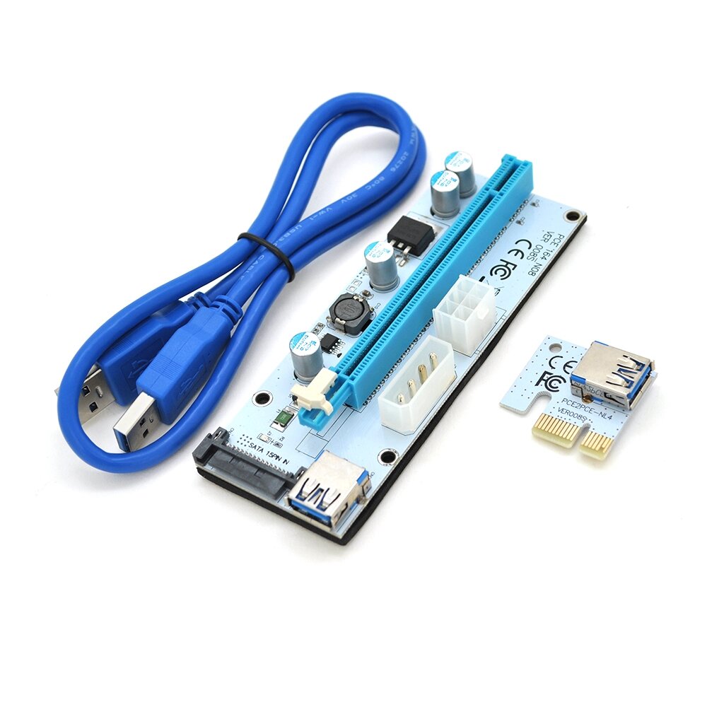 Riser PCI-EX, x1=>x16, 4-pin/6-pin/Sata, USB 3.0 AM-AM 0,6 м ( синій ), конденсатори 270, White, Пакет від компанії Price Killer - фото 1