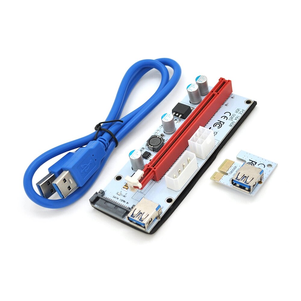 Riser PCI-EX, x1=>x16, 4-pin/6-pin/Sata, USB 3.0 AM-AM 0,6 м ( синій ), конденсатори 270, White/Red, Пакет від компанії Price Killer - фото 1