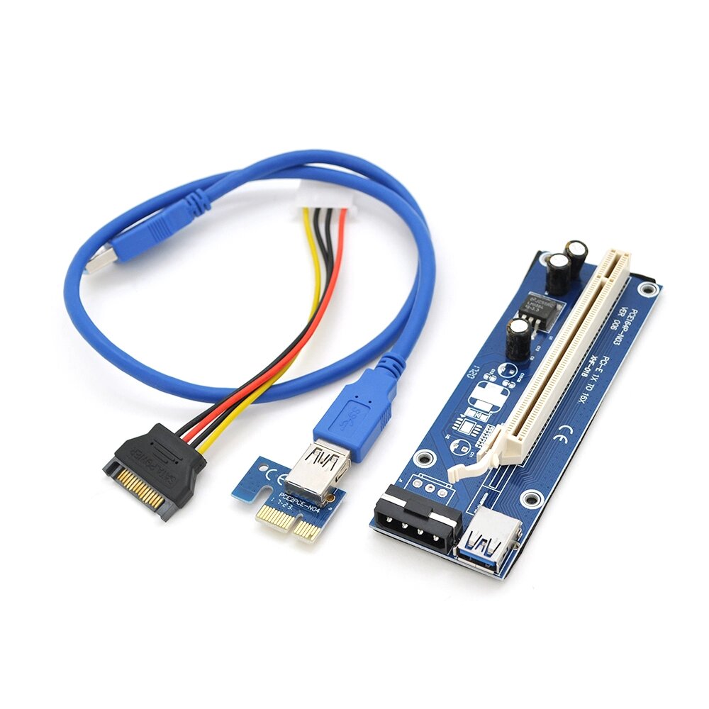 Riser PCI-EX, x1=>x16, 4-pin MOLEX, SATA=>4Pin, USB 3.0 AM-AM 0,6 м ( синій ), конденсатори CS 220 16V, Пакет від компанії Price Killer - фото 1