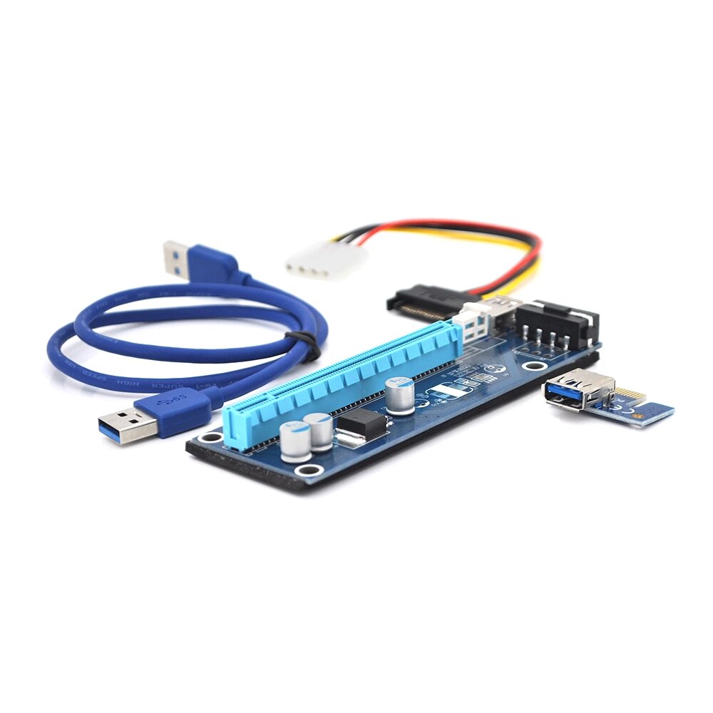 Riser PCI-EX, x1=>x16, 4-pin MOLEX, SATA=>4Pin, USB 3.0 AM-AM 0,6 м ( синій ), конденсатори F270, Пакет від компанії Price Killer - фото 1