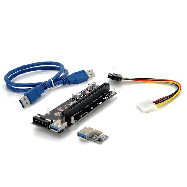 Riser PCI-EX, x1=>x16, 4-pin MOLEX, SATA=>4Pin, USB 3.0 AM-AM 0,6 м ( синій ), конденсатори PS 100 16V, Пакет від компанії Price Killer - фото 1