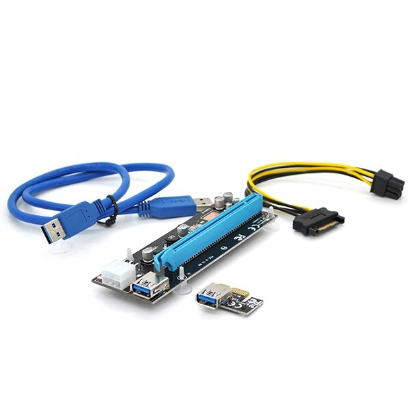 Riser PCI-EX, x1=>x16, 6-pin, SATA=>6Pin, USB 3.0 AM-AM 0,6 м ( чорний ), конденсатори CS 330 16V, Пакет від компанії Price Killer - фото 1