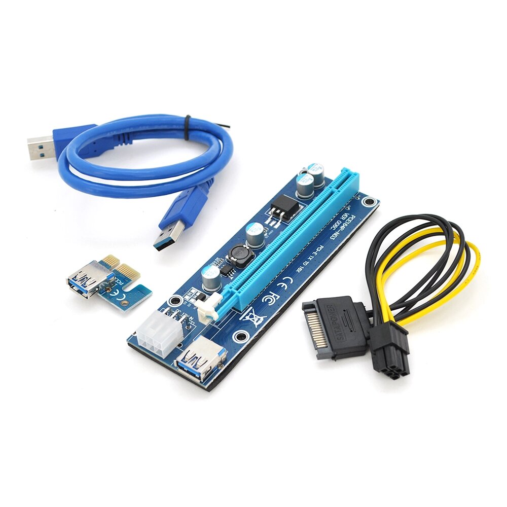 Riser PCI-EX, x1=>x16, 6-pin, SATA=>6Pin, USB 3.0 AM-AM 0,6 м ( синій ), конденсатори 270, Пакет від компанії Price Killer - фото 1