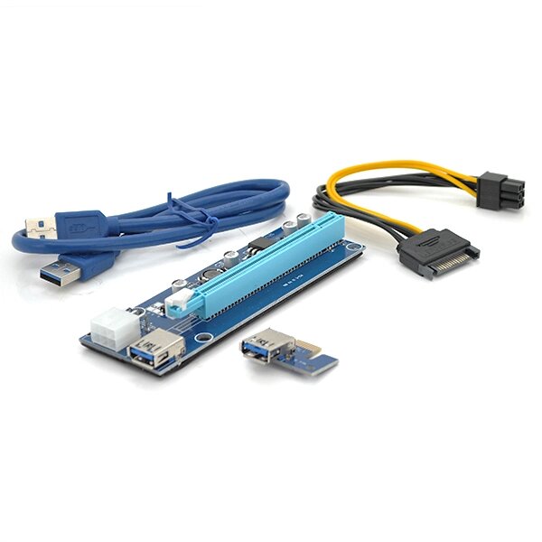 Riser PCI-EX, x1=>x16, 6-pin, SATA=>6Pin, USB 3.0 AM-AM 0,6 м ( синій ), конденсатори CS 220 16V, Пакет від компанії Price Killer - фото 1