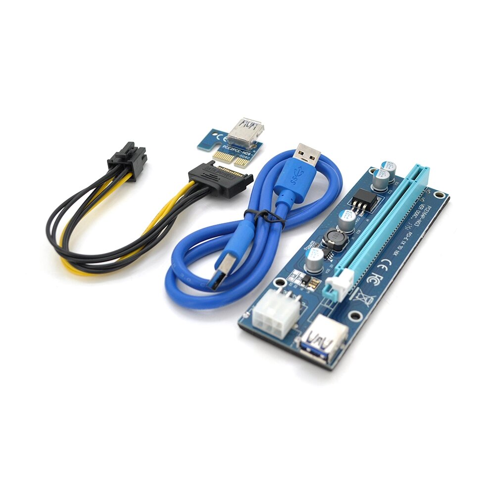 Riser PCI-EX, x1=>x16, 6-pin, SATA=>6Pin, USB 3.0 AM-AM 0,6 м ( синій ), конденсатори FP5K, Пакет від компанії Price Killer - фото 1