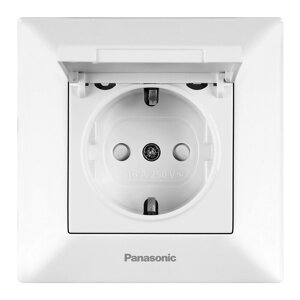 Розетка Panasonic Arkedia Slim з заземленням, з захисними шторками, з кришкою, біла