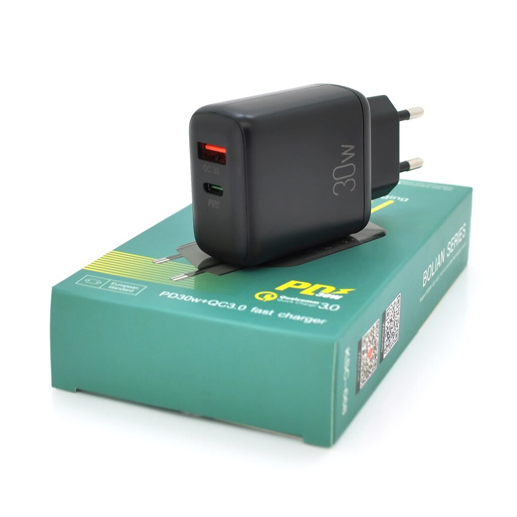 СЗУ AC100-240V iKAKU KSC-668 BOLIAN PD30W+QC3.0 Dual Port charger, Black, Box від компанії Price Killer - фото 1