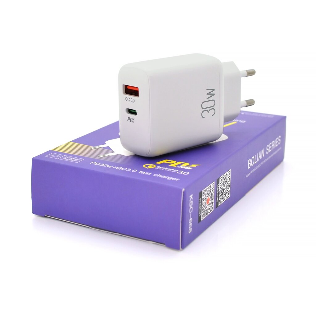 СЗУ AC100-240V iKAKU KSC-668 BOLIAN PD30W+QC3.0 Dual Port charger, White, Box від компанії Price Killer - фото 1