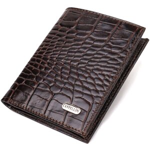 Компактний чоловічий гаманець з натуральної шкіри з тисненням під крокодила CANPELLINI 21871 Коричневий
