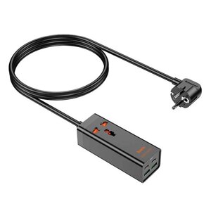 Мережевий фільтр HOCO AC10A на 1 розетку + 2 USB + 2 USB-C, 65 W, кабель 1,5 м, 220 В, Black, Box
