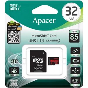 Карта пам'яті apacer microsdhc 32GB UHS-I U1 class 10 (R85 MB/s) + SD-adapter (AP32GMCSH10U5-R)