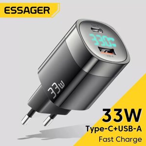 Мережевий зарядний пристрій з дисплеєм Essager 33W GaN III PD USB-C+USB-A (JT-P18)