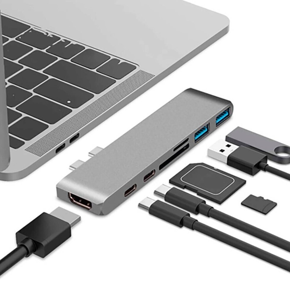 Адапрез перехідник, хаб для MacBook Space Gray 7в 1 Type-C + Type-A + HDMI 4K + MicroSD + SD від компанії Магазин "Astoria-gold" - фото 1