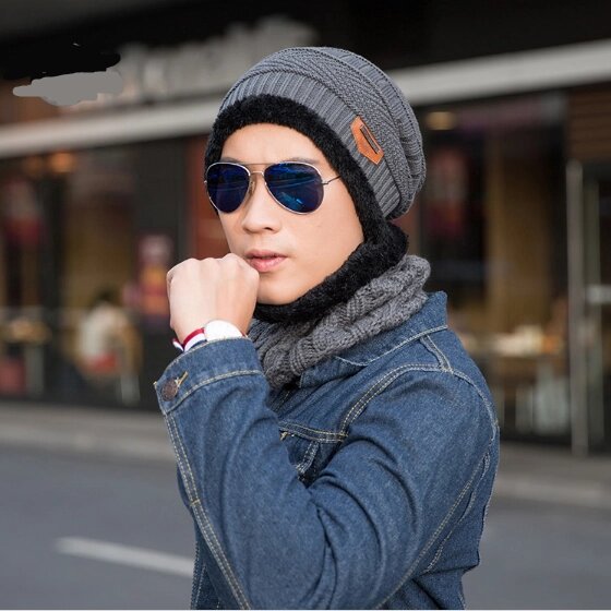 Чоловіча зимова в'язана шапка з хутряною обробкою + шарф сіра від компанії Магазин "Astoria-gold" - фото 1