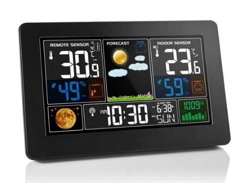 Кольорова метеостанція FanJu FJ3378 будильник, годинник, вуличний барометр/гігрометр, USB-зарядка, бездротовий датчик від компанії Магазин "Astoria-gold" - фото 1
