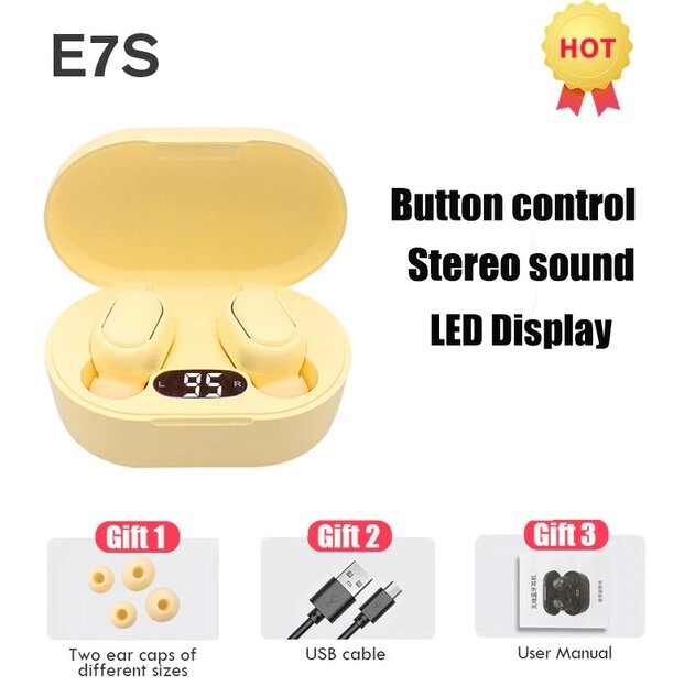 Навушники бездротові E7S 5.0 Bluetooth з мікрофоном TWS навушники Жовті без паковання від компанії Магазин "Astoria-gold" - фото 1