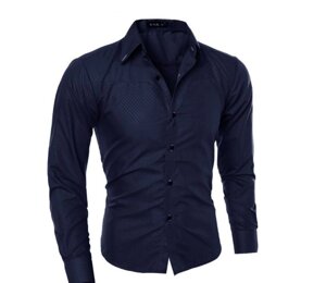 Стильная мужская приталенная рубашка в британксом стиле длинный рукав M -ХL темно-синяя