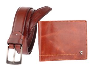 Чоловічий гаманець + ремінь натуральна шкіра марення Rovicky коньячного кольору код 326