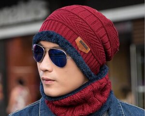 Стильна чоловіча зимова в'язана шапка + шарф червона