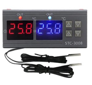 Подвійний цифровий термостат STC-3008 регулятор температури Два релейних виходи 10A Охолодження