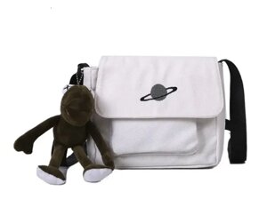 Дитяча сумочка Парисинова сумочка через плече. Полотняна біла сумочка з брелоком жабеня