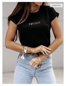Жіноча футболка оверсайз з написом Simplicity, жіноча футболка стильна oversize трикотажна Чорний, білий
