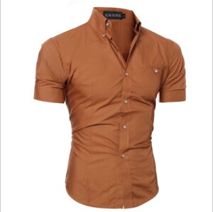 Модна сорочка чоловіча з коротким рукавом приталена код 52 M, L (коричнева)