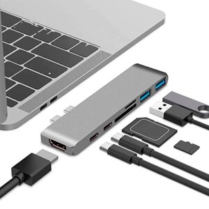 Адапрез перехідник, хаб для MacBook Space Gray 7в 1 Type-C + Type-A + HDMI 4K + MicroSD + SD