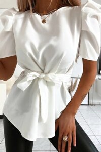 Блуза стильна з короткими рукавами ліхтарик Betty креп костюмка білий, ліловий, темно-синій, бежевий 42-44, 46