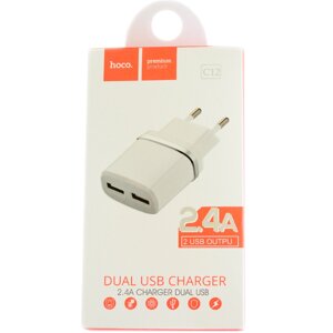 Зарядний пристрій USB адаптер Hoco C12 USBх2 Charger 2.4A Білий