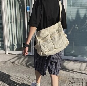 Велика сумка через плече. Міцна полотняна сумка. Сумка для школи. Сумка для студента Бежева