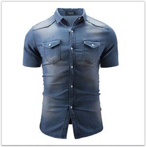 Сорочка чоловіча джинсова з коротким рукавом розміри M- XXL код 3306 синя