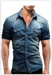 Сорочка чоловіча джинсова з коротким рукавом розмір М - L Розпродаж