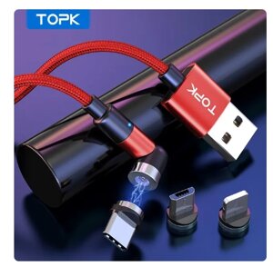 Магнітний зарядний кабель 3 в 1 Кабель для заряджання телефона TOPK 2 м кутовий червоний