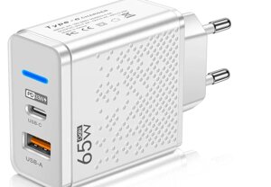 Зарядне для телефона GaN 65 Вт швидке заряджання USB + Type-C біла